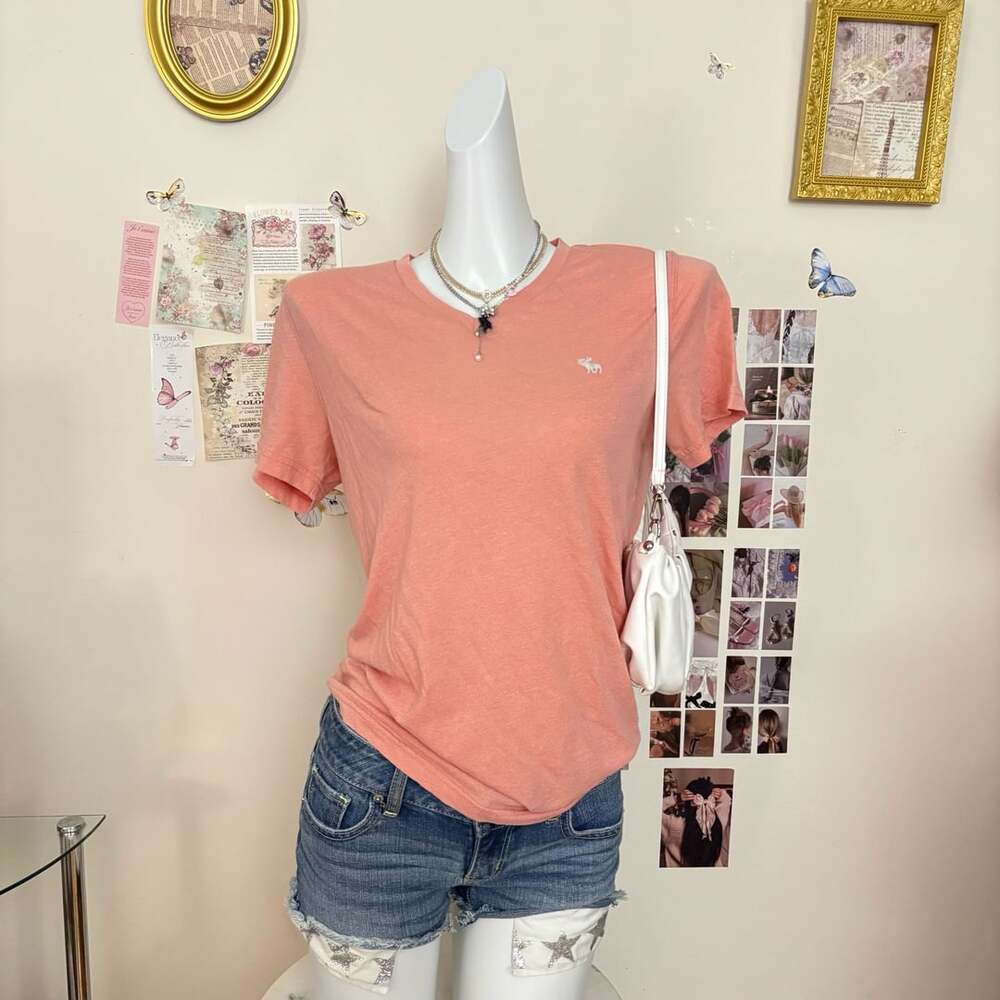 Abercrombie & Fitch Coral Pink V-Neck Short Sleeve Logo T-Shirt Women's Size XS